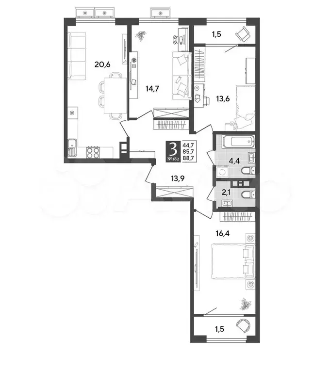 3-к. квартира, 88,7 м, 7/9 эт. - Фото 1