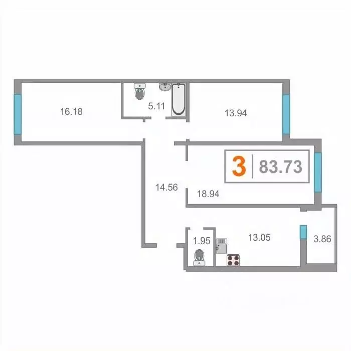 3-к кв. Тюменская область, Тюмень проезд Ледниковый, 2 (83.0 м) - Фото 2