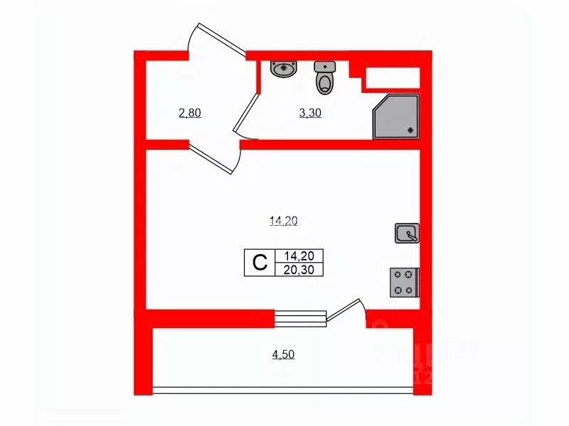 Студия Санкт-Петербург ул. Чарушинская, 22к1 (20.3 м) - Фото 1