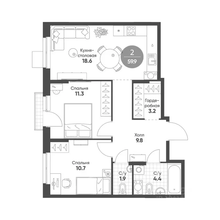 2-к кв. Новосибирская область, Кольцово рп Счастье в Кольцово жилой ... - Фото 1