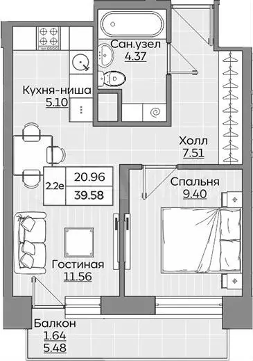 2-к. квартира, 39,6м, 6/19эт. - Фото 1