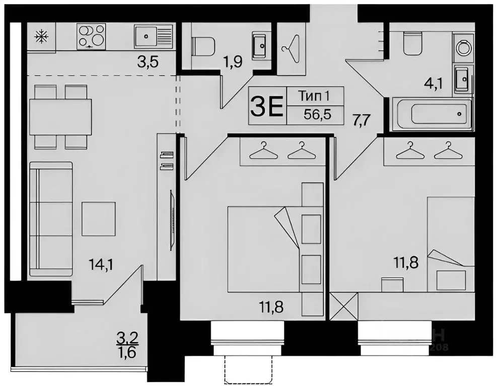 3-к кв. Коми, Сыктывкар Тентюковская ул., 320к1 (56.3 м) - Фото 1