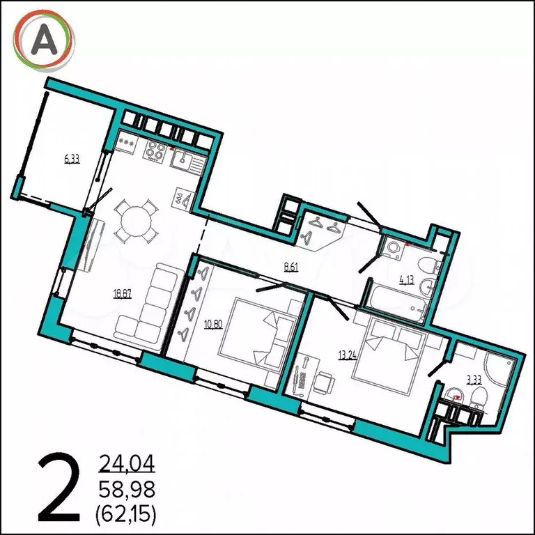 2-к. квартира, 62,2 м, 9/16 эт. - Фото 1