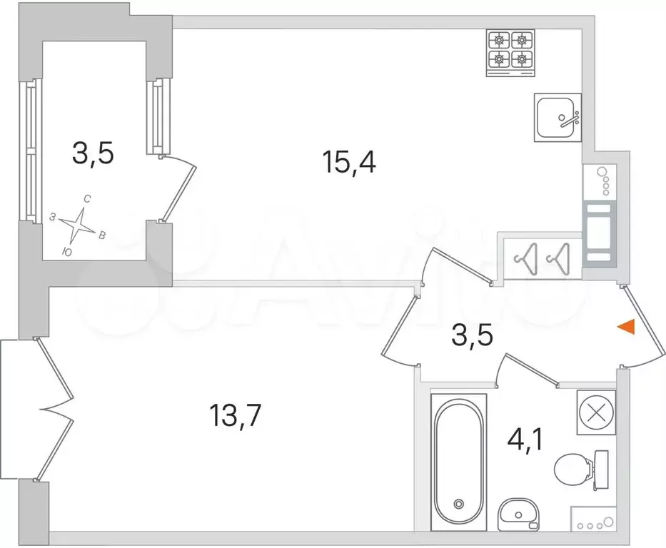 1-к. квартира, 38,5 м, 4/4 эт. - Фото 0