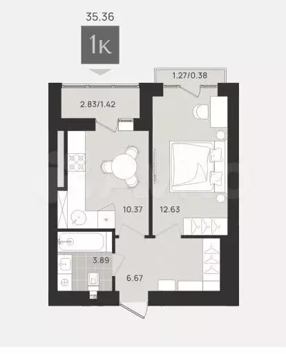 1-к. квартира, 35,4 м, 9/9 эт. - Фото 1