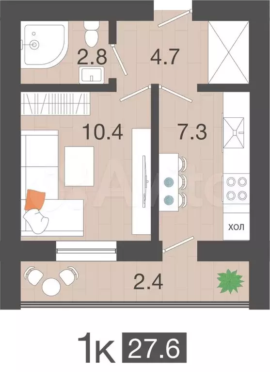 1-к. квартира, 27,6 м, 2/4 эт. - Фото 1