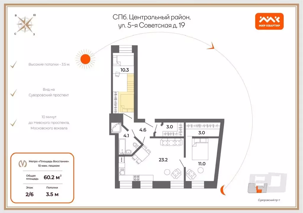 2-к кв. Санкт-Петербург 5-я Советская ул., 19 (60.2 м) - Фото 1