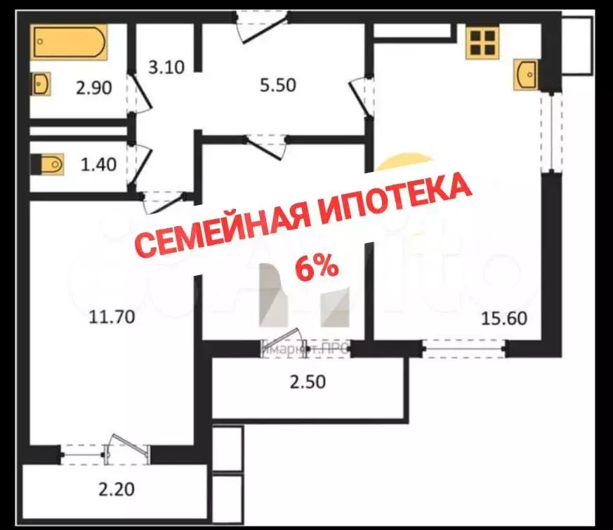 2-к. квартира, 55 м, 1/14 эт. - Фото 0