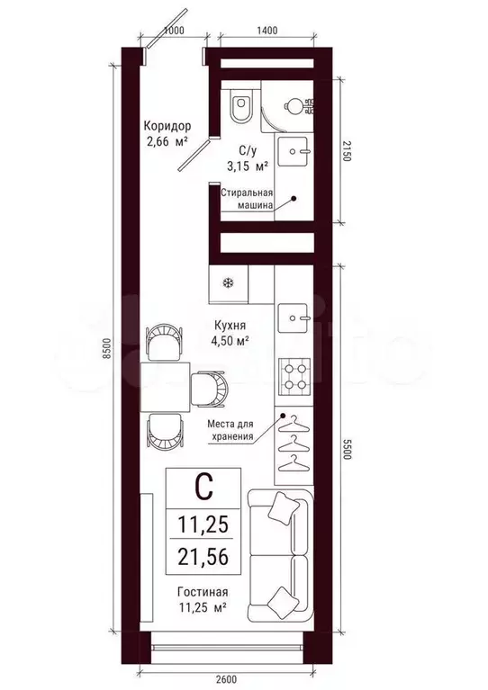 Апартаменты-студия, 21,6 м, 4/34 эт. - Фото 0