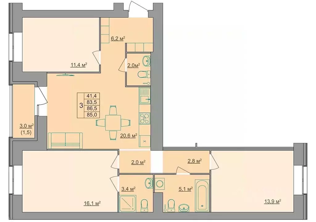 3-к кв. Костромская область, Кострома Магистральная ул., 49А (85.0 м) - Фото 0