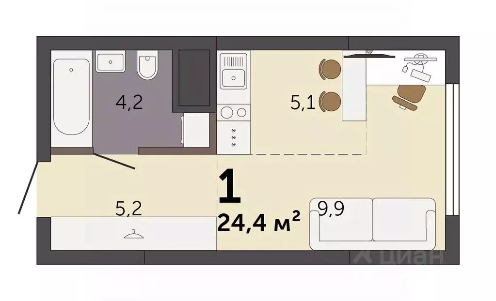Студия Свердловская область, Екатеринбург Южный жилрайон,  (24.4 м) - Фото 2