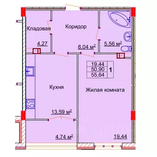 1-к кв. Ивановская область, Иваново Лежневская ул., 98 (55.64 м) - Фото 0