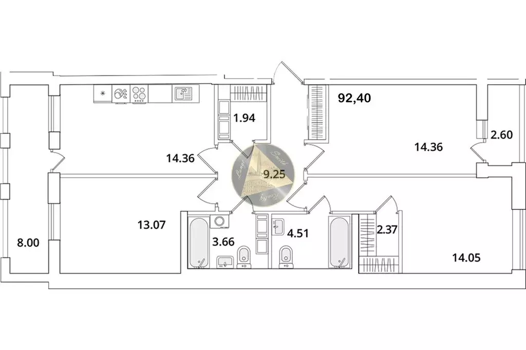 3-комнатная квартира: Санкт-Петербург, Кубинская улица, 82к3с1 (92.4 ... - Фото 1