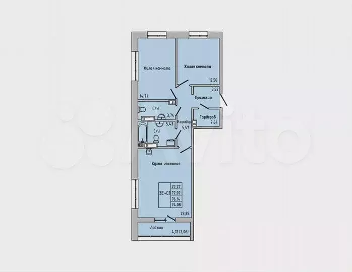 3-к. квартира, 74,1 м, 2/15 эт. - Фото 1