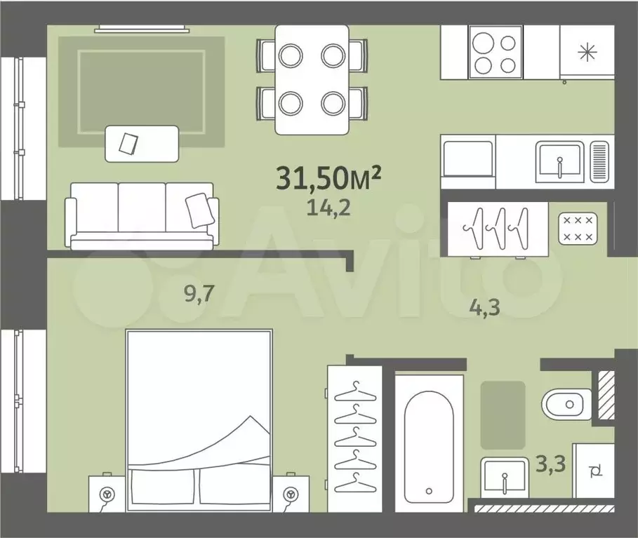 1-к. квартира, 31,5 м, 5/9 эт. - Фото 0