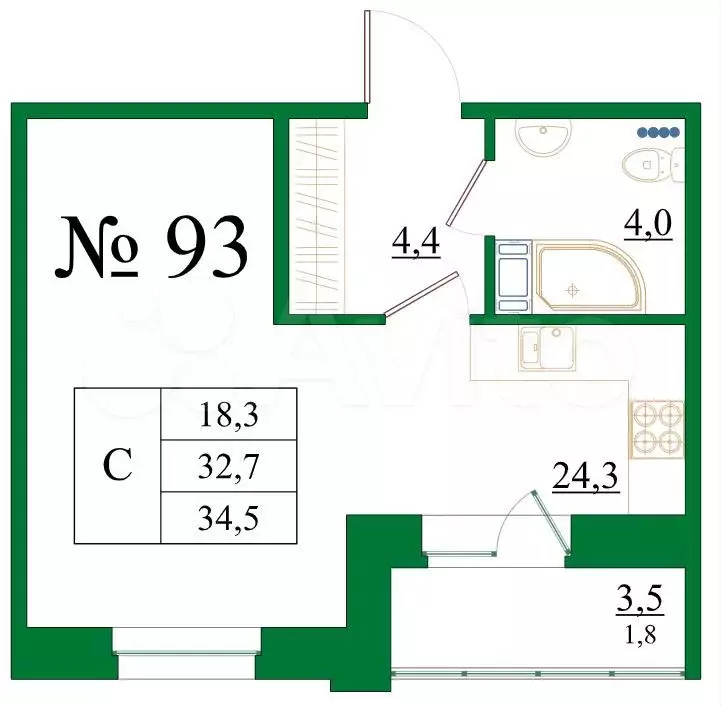 квартира-студия, 34,5 м, 5/8 эт. - Фото 0