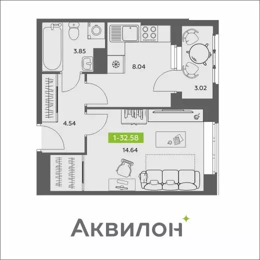 1-комнатная квартира: Архангельск, жилой комплекс АКвартал (32.58 м) - Фото 0