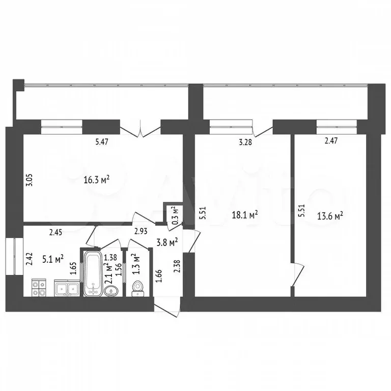 3-к. квартира, 60,6 м, 2/9 эт. - Фото 0