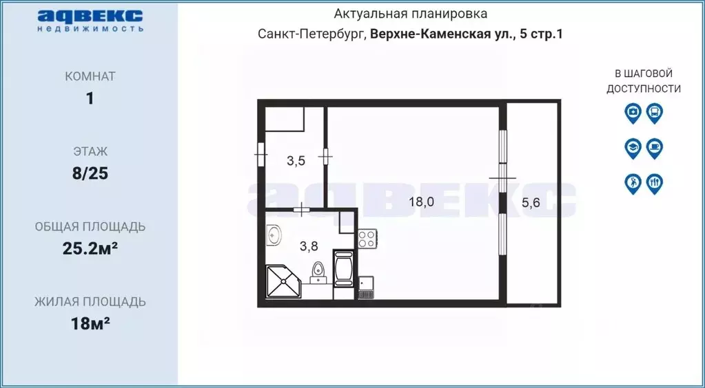 Студия Санкт-Петербург ул. Верхне-Каменская, 5 (25.2 м) - Фото 2