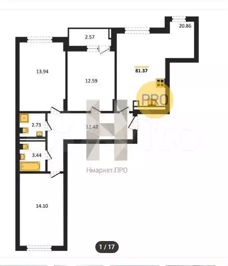 3-к. квартира, 80,5 м, 8/9 эт. - Фото 1