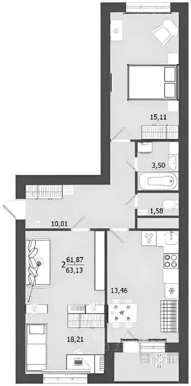2-к кв. Московская область, Клин ул. Профсоюзная, 15 (65.0 м) - Фото 2
