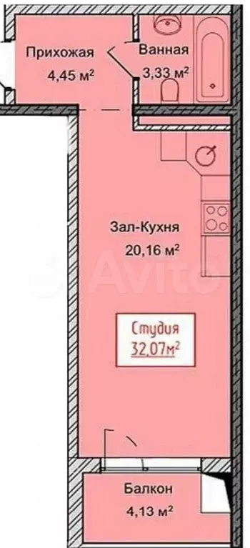 Квартира-студия, 32,1 м, 9/13 эт. - Фото 1