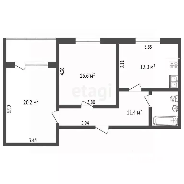 2-к кв. Вологодская область, Вологда ул. Чехова, 53 (64.2 м) - Фото 2