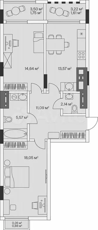 2-к. квартира, 68,7 м, 3/7 эт. - Фото 1