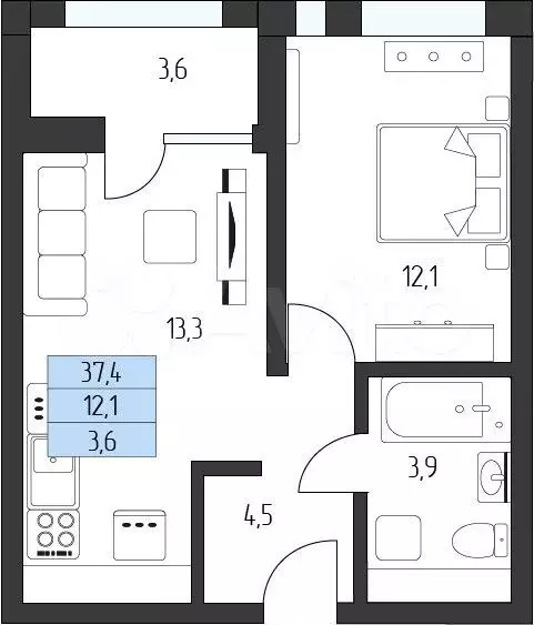 1-к. квартира, 36,5 м, 6/7 эт. - Фото 0