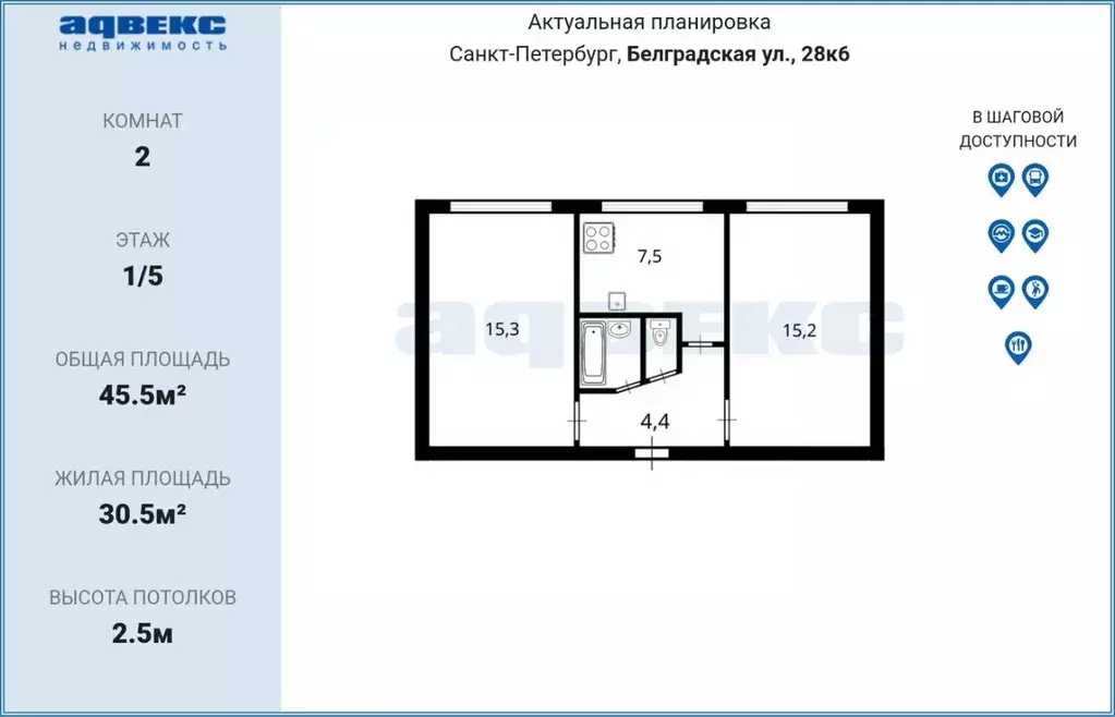 2-к кв. Санкт-Петербург Белградская ул., 28К6 (45.5 м) - Фото 2