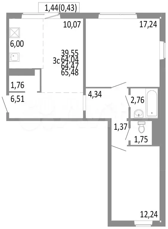 3-к. квартира, 64,5 м, 10/10 эт. - Фото 0