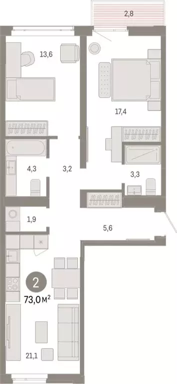2-комнатная квартира: Тюмень, Ленинский округ (73 м) - Фото 1