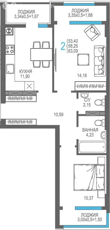 2-комнатная квартира: Алушта, улица Багликова, 27/7 (58.25 м) - Фото 1