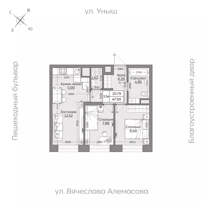 3-к кв. Татарстан, Казань ул. Рауиса Гареева (47.52 м) - Фото 0