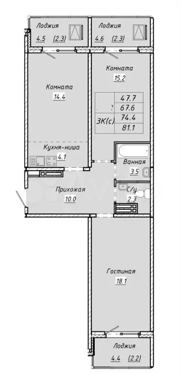 3-к. квартира, 74,4 м, 9/15 эт. - Фото 0