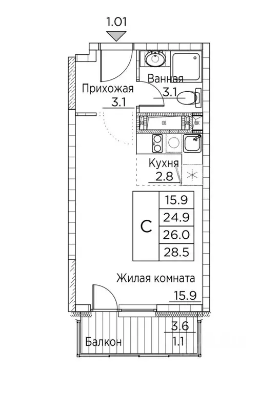 Студия Приморский край, Владивосток Гринхилс жилой комплекс (28.5 м) - Фото 0