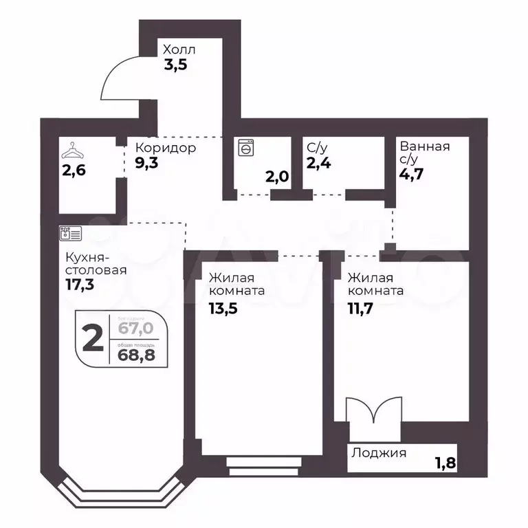 2-к. квартира, 67 м, 2/9 эт. - Фото 0