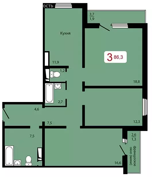 3-комнатная квартира: Красноярск, ЖК Мичурино (86.3 м) - Фото 0