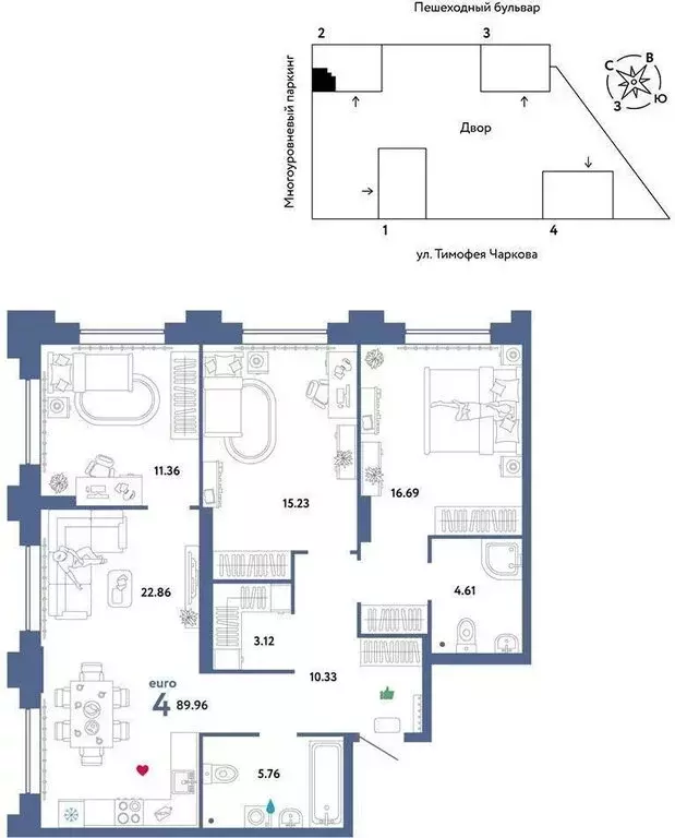 4-комнатная квартира: Тюмень, улица Тимофея Чаркова, 93 (86.9 м) - Фото 1