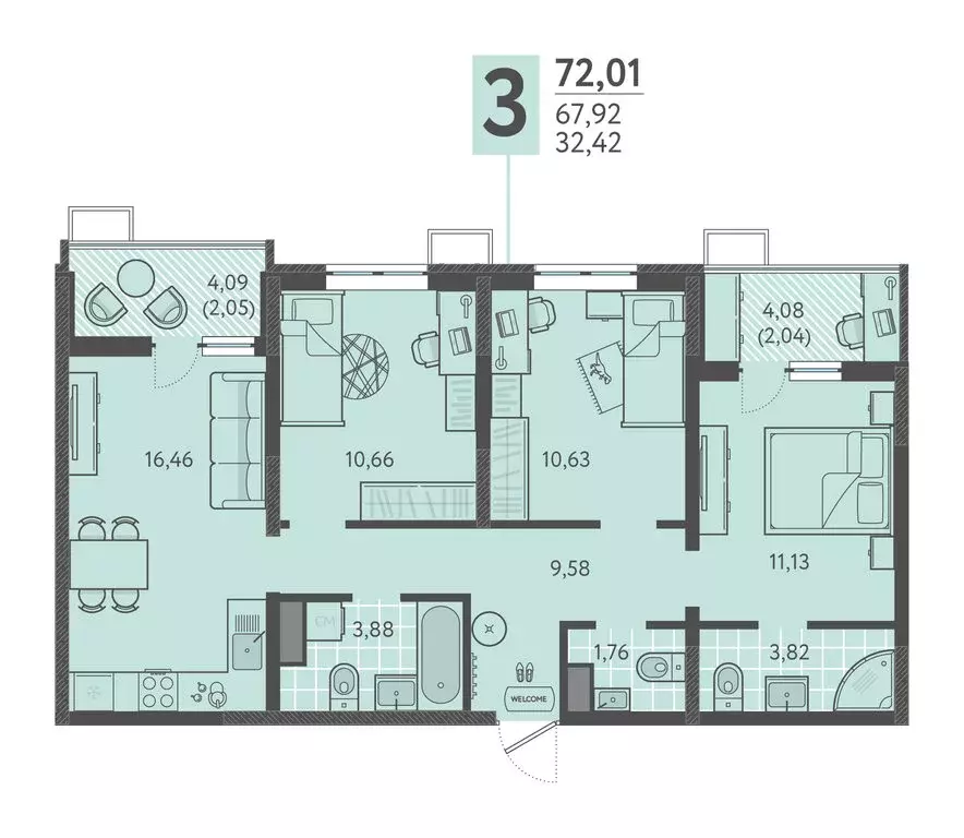 3-комнатная квартира: Краснодар, ЖК Тёплые Края (72.01 м) - Фото 1