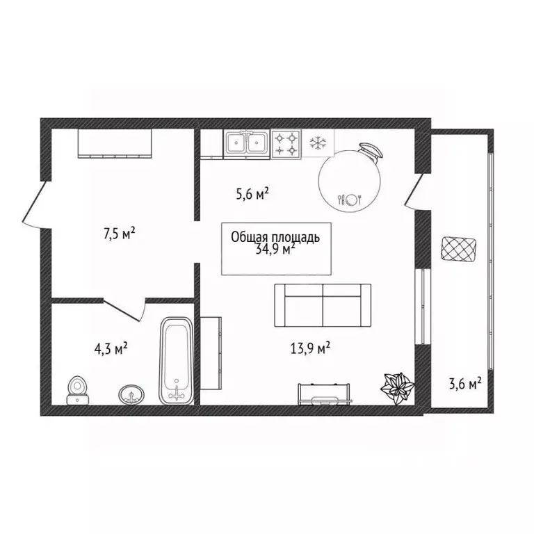 Студия Новосибирская область, Новосибирск ул. Ляпидевского, 1 (34.9 м) - Фото 2