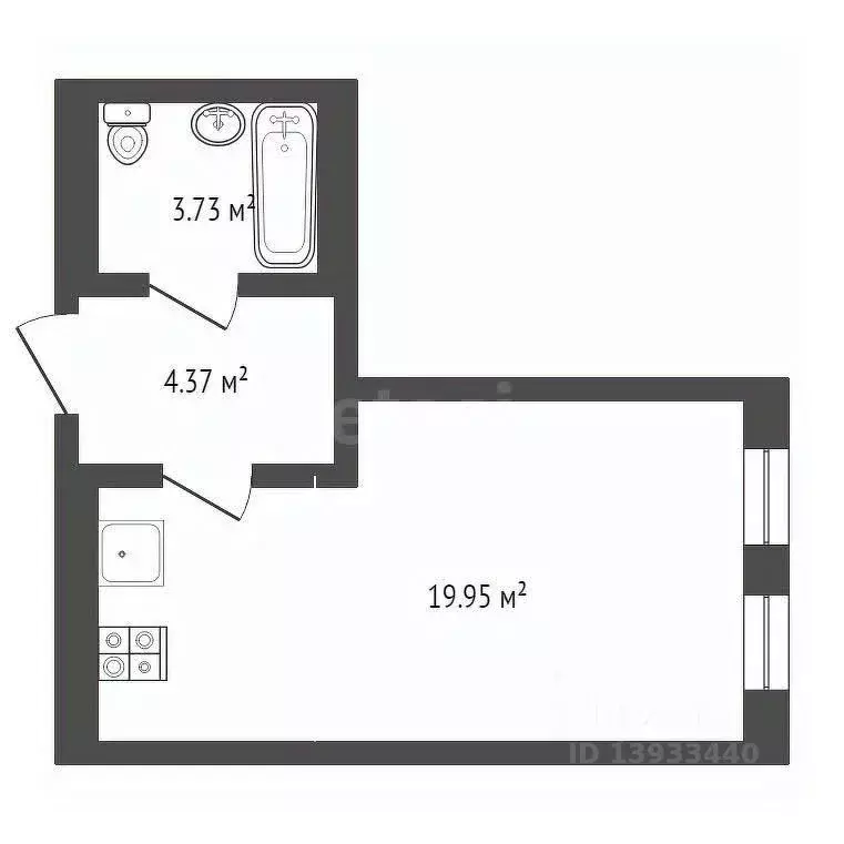 Студия Тюменская область, Тюмень ул. Василия Малкова, 10 (28.3 м) - Фото 2