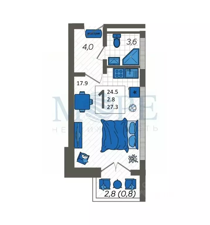 Студия Краснодарский край, Сочи ул. Искры, 88к6 (28.5 м) - Фото 0