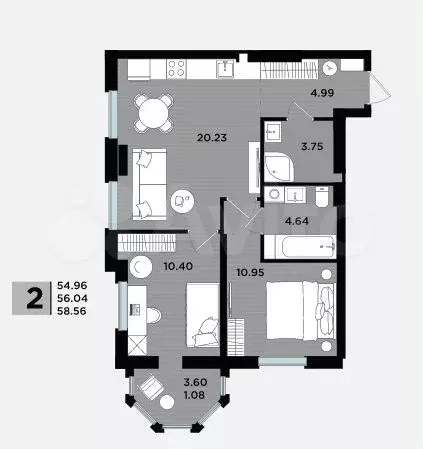 2-к. квартира, 58,6 м, 1/5 эт. - Фото 1