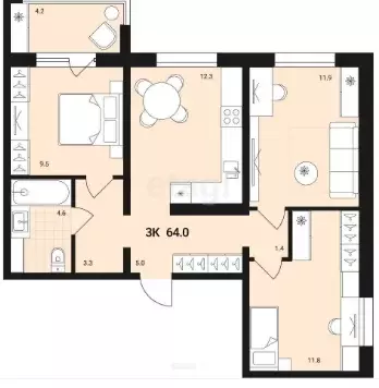 Продаётся 3-к квартира, 64 м - Фото 0