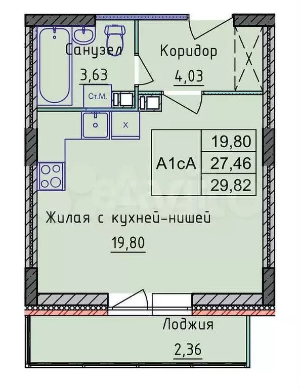 1-к. квартира, 29,8 м, 4/10 эт. - Фото 0