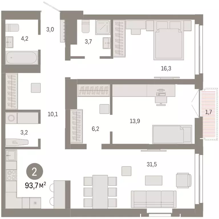 2-комнатная квартира: Новосибирск, Большевистская улица, 66 (93.73 м) - Фото 2