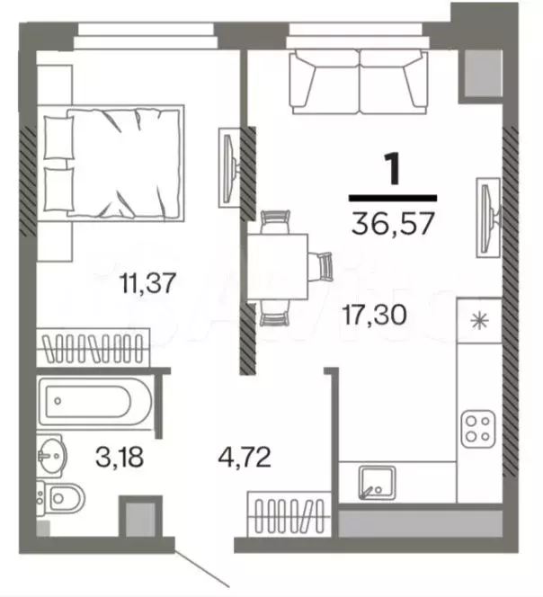 1-к. квартира, 36,6 м, 20/26 эт. - Фото 0