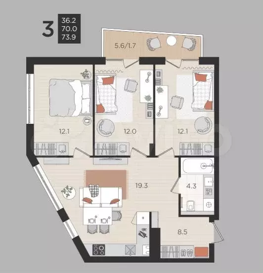 3-к. квартира, 70 м, 3/4 эт. - Фото 1