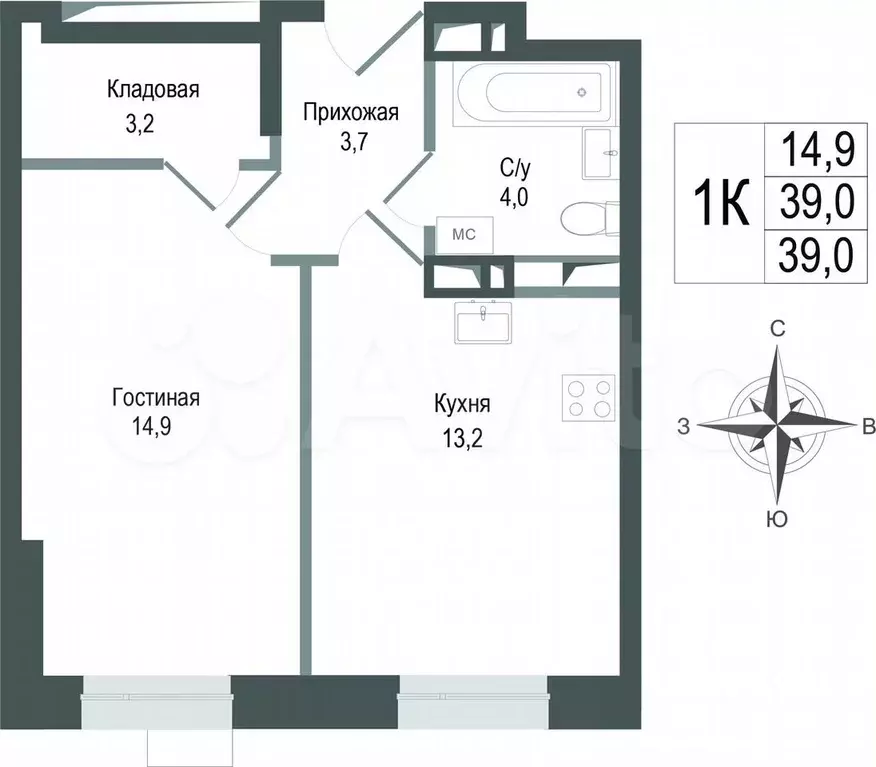 1-к. квартира, 39 м, 1/8 эт. - Фото 0